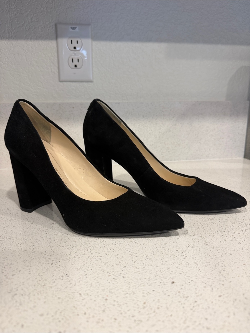 Nine West Black Suede Pointed Block Heel Pumps